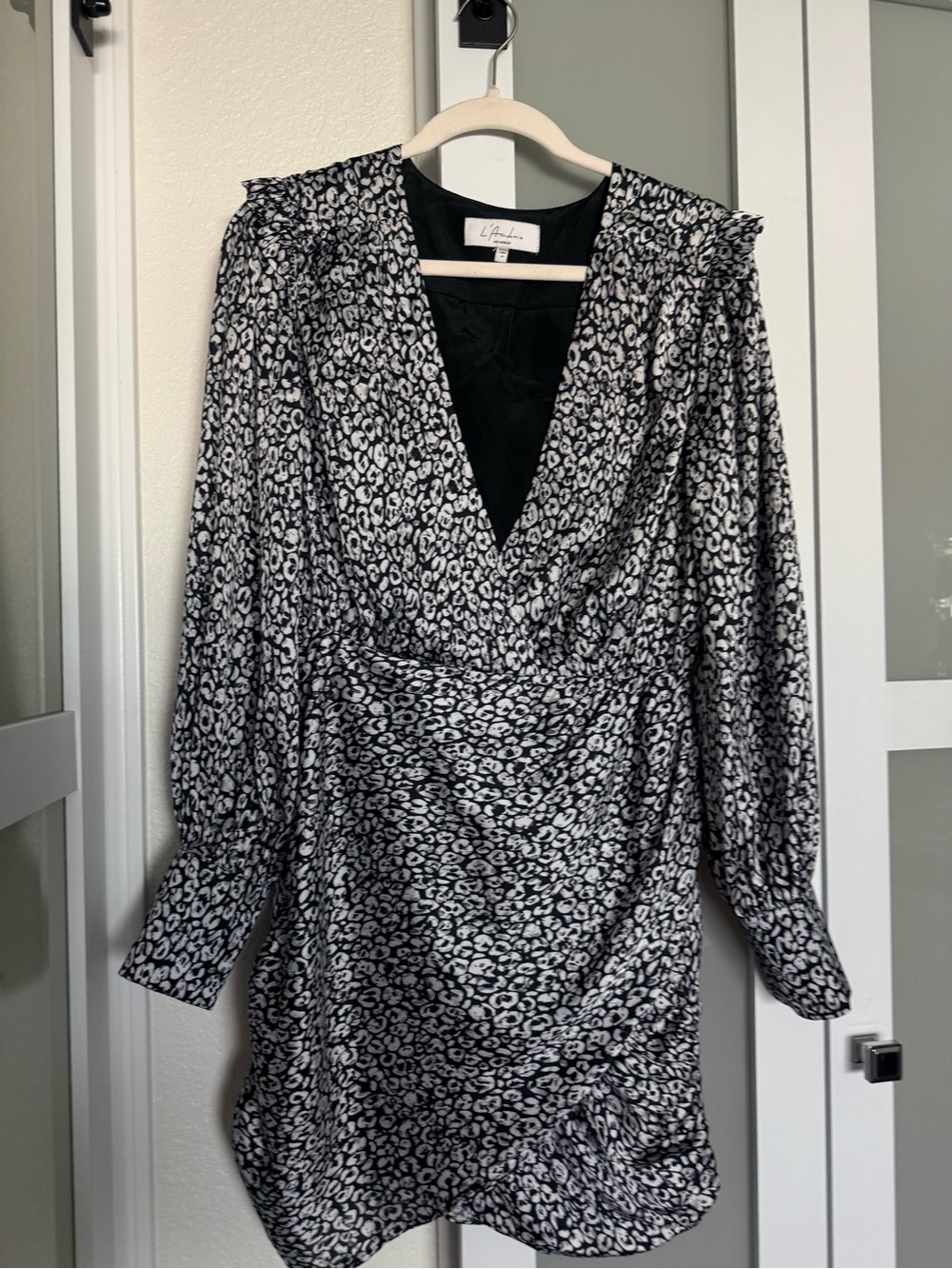 L'Academie Black & White Leopard-Print Long Sleeve Wrap Dress